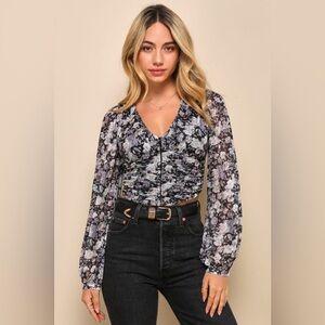 Chic Elevation Black Floral Mesh Ruched Corset Top NWT Size Small